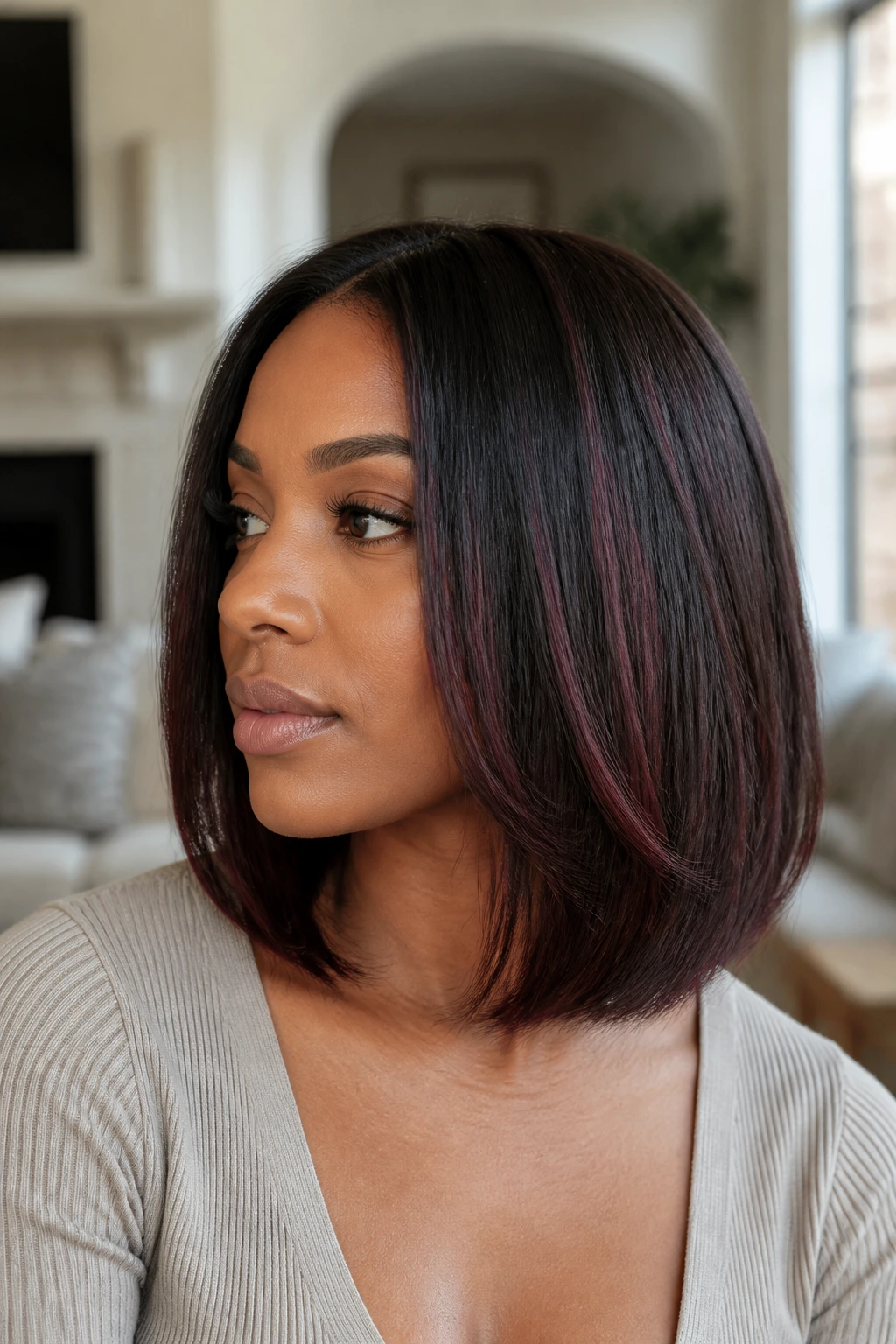 Close-up portrait of a real Black woman with shoulder-skimming bob and burgundy babylights.