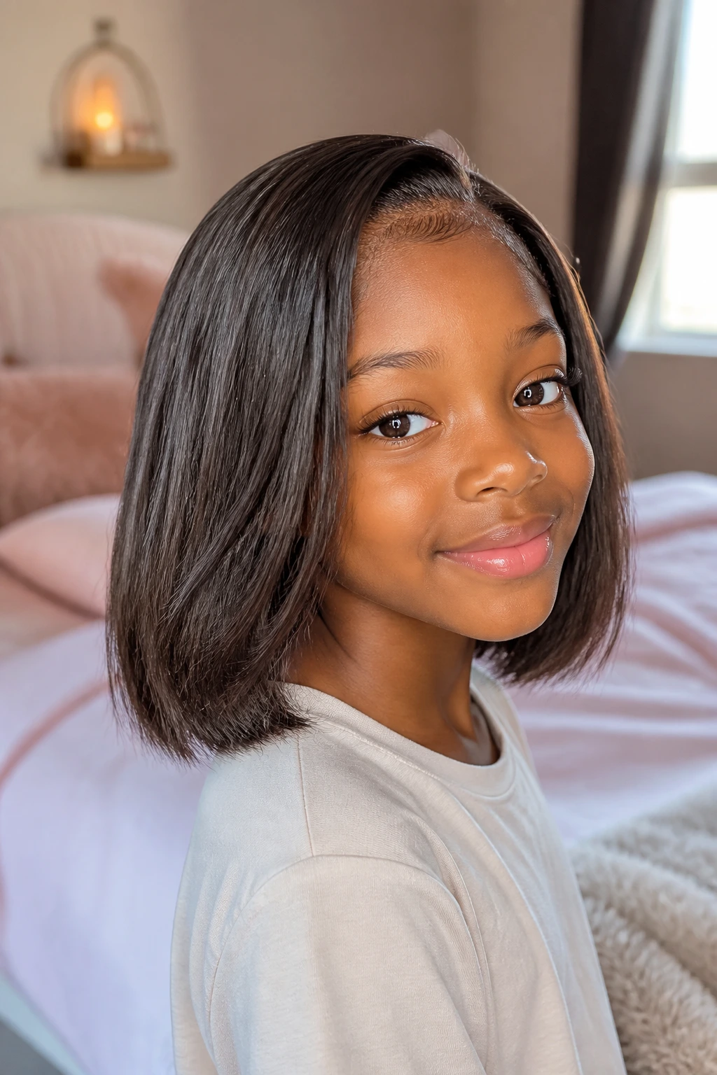 Close-up of a real child with shoulder-skimming midi bob in warm bedroom light
