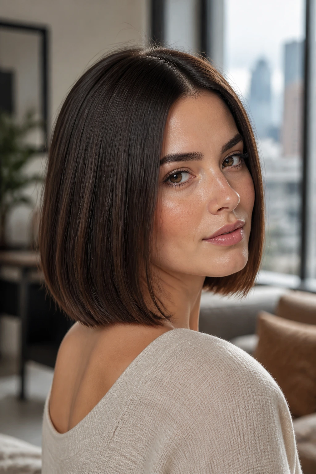 Close-up of real woman with shoulder-skimming bob and crisp blunt hem in warm daylight