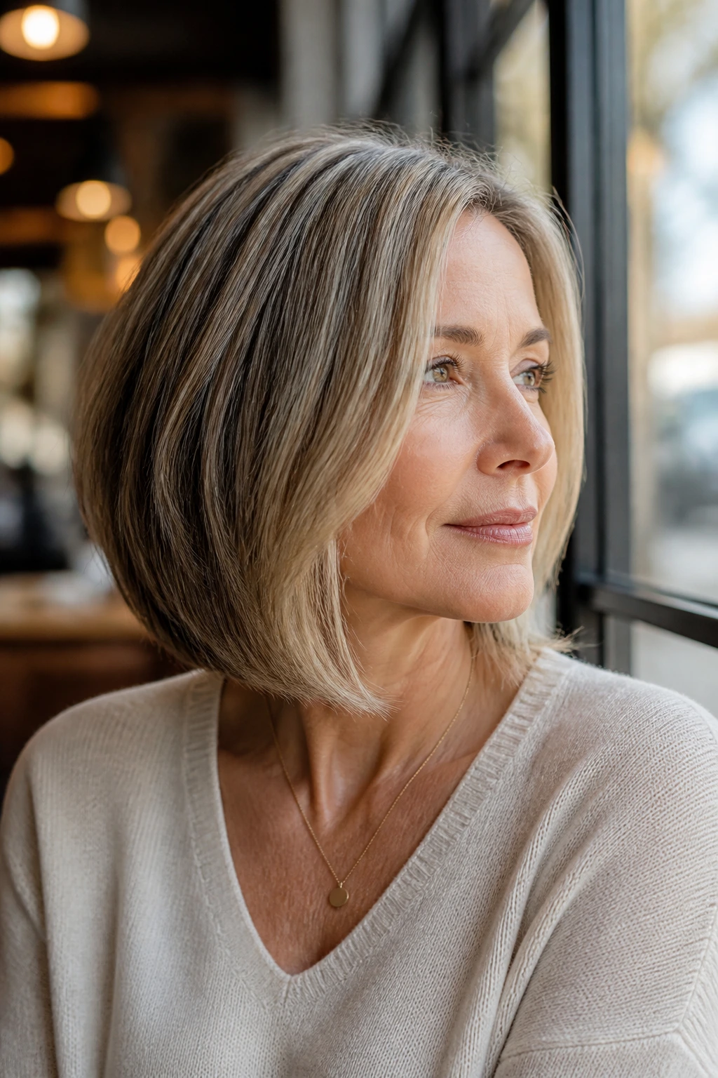 Close-up portrait of a real woman with a shoulder-skimming grow-out bob in sunny daylight