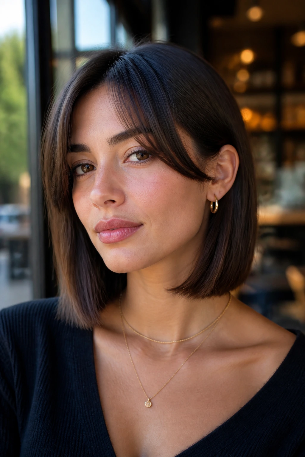 Close-up of a real woman with a shoulder-skimming bob and tucked sides