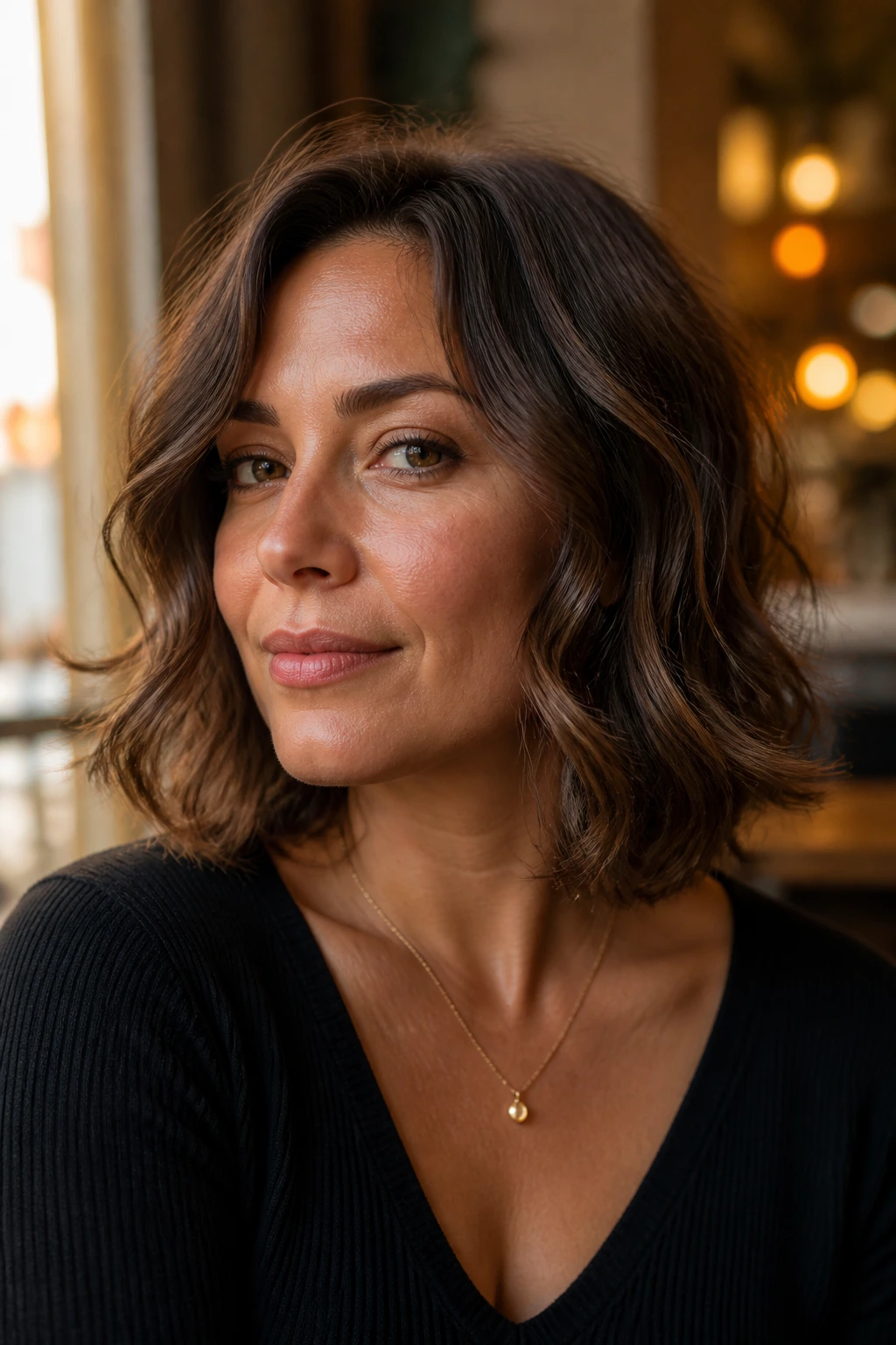 Close-up of a real woman with shoulder-skimming bob and S-waves in warm light