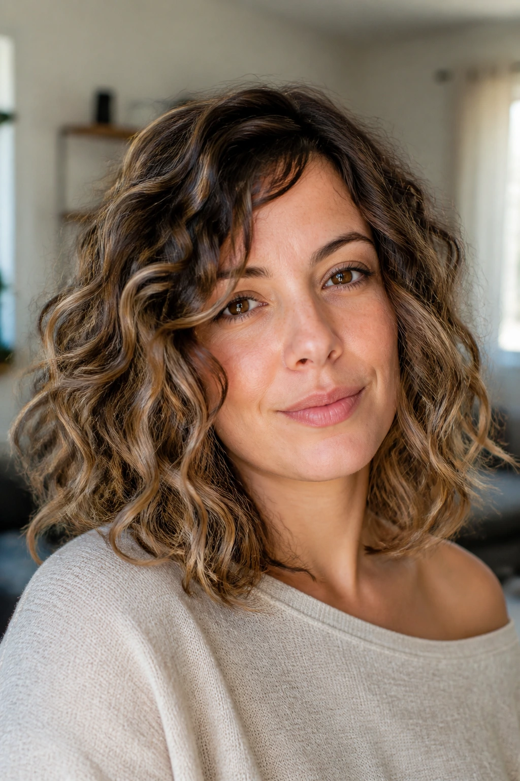 Close-up of shoulder-skimming curls with beachy waves on a real woman