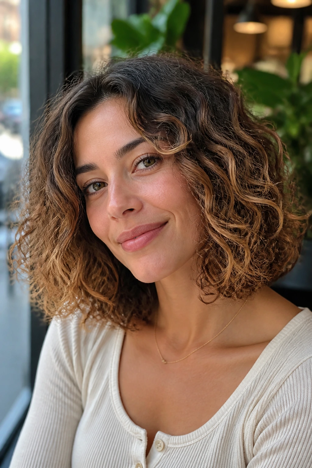 Real woman with shoulder-skimming curly bob and soft collarbone curve.