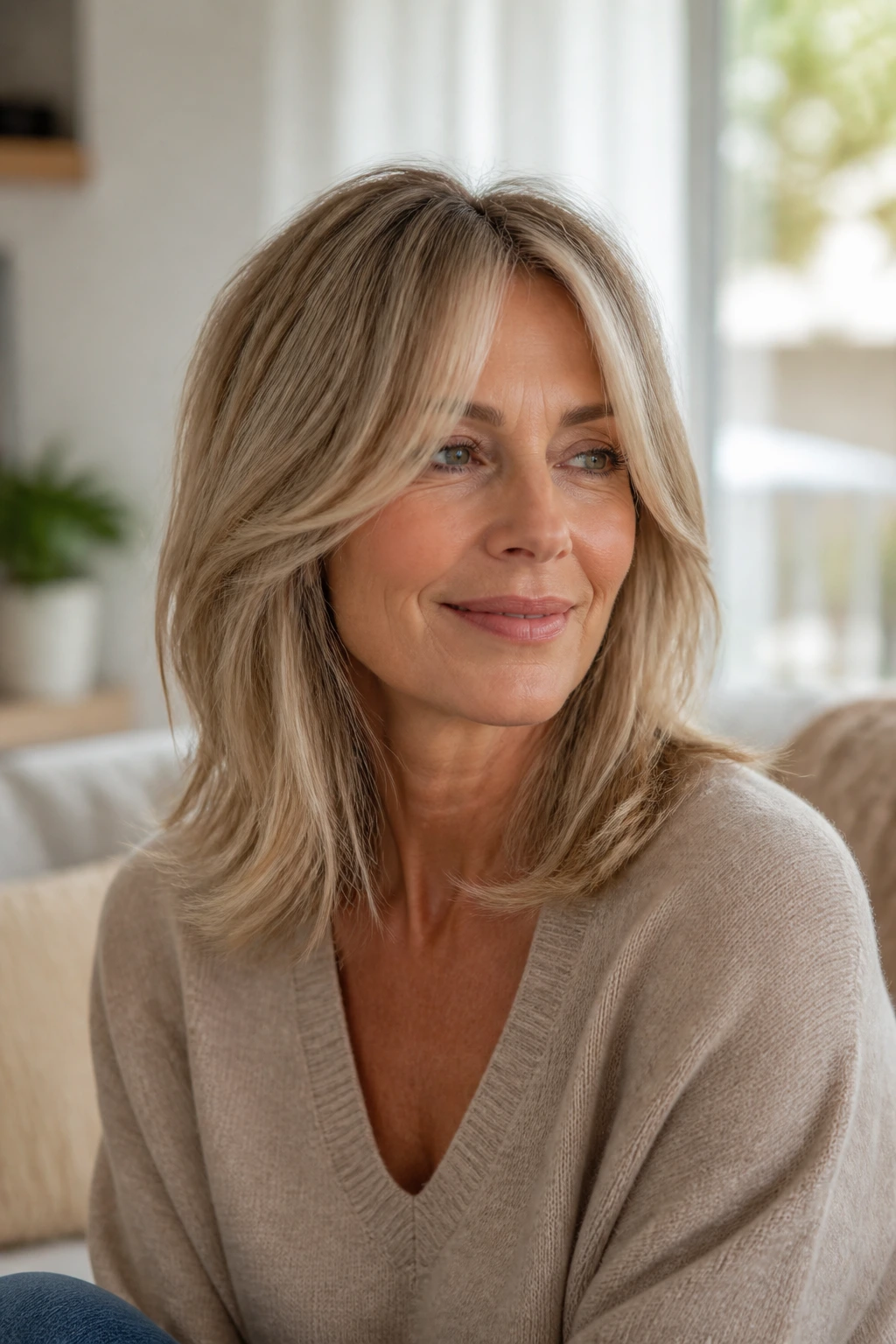 Real woman with shoulder-skimming shag and long curtain bangs in a cozy room.