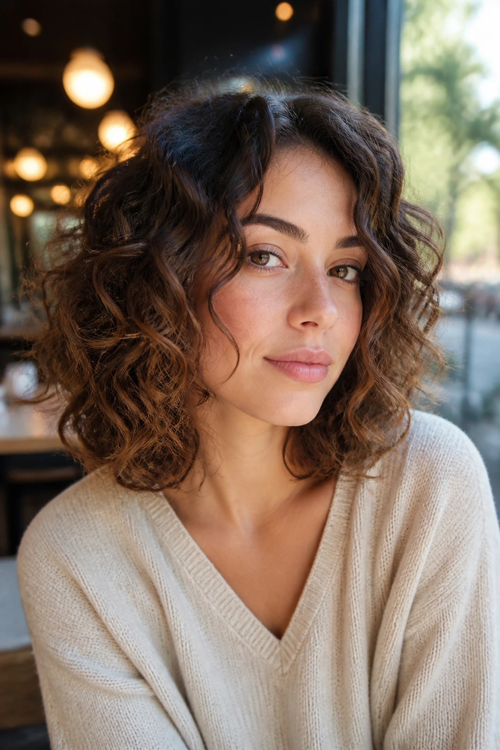 Portrait of a real woman with shoulder-skimming curly bob length just below the shoulders.
