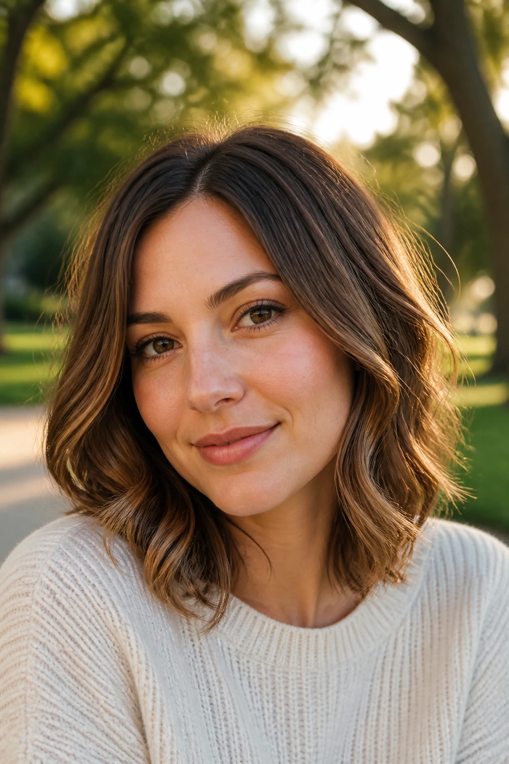 Portrait of a real woman with shoulder-skimming layered lob in golden hour light