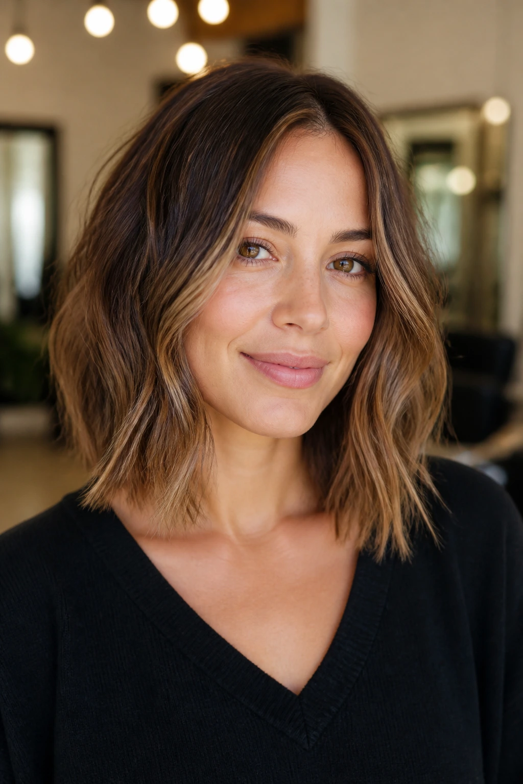 Real woman with shoulder-skimming lob and broken ends, soft waves.