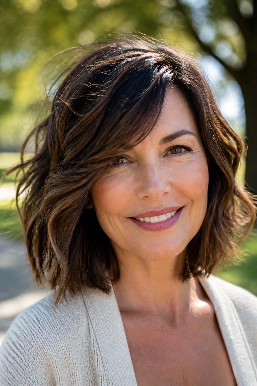 Close-up portrait of a real woman with shoulder-skimming lob and piecey ends.