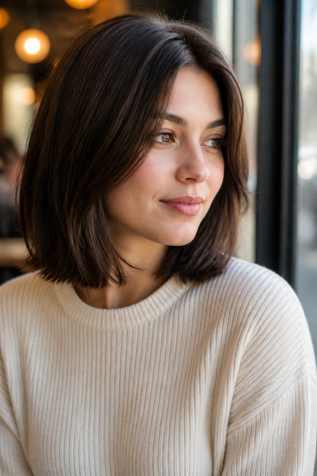Close-up portrait of a real person with shoulder-skimming lob and minimal layers