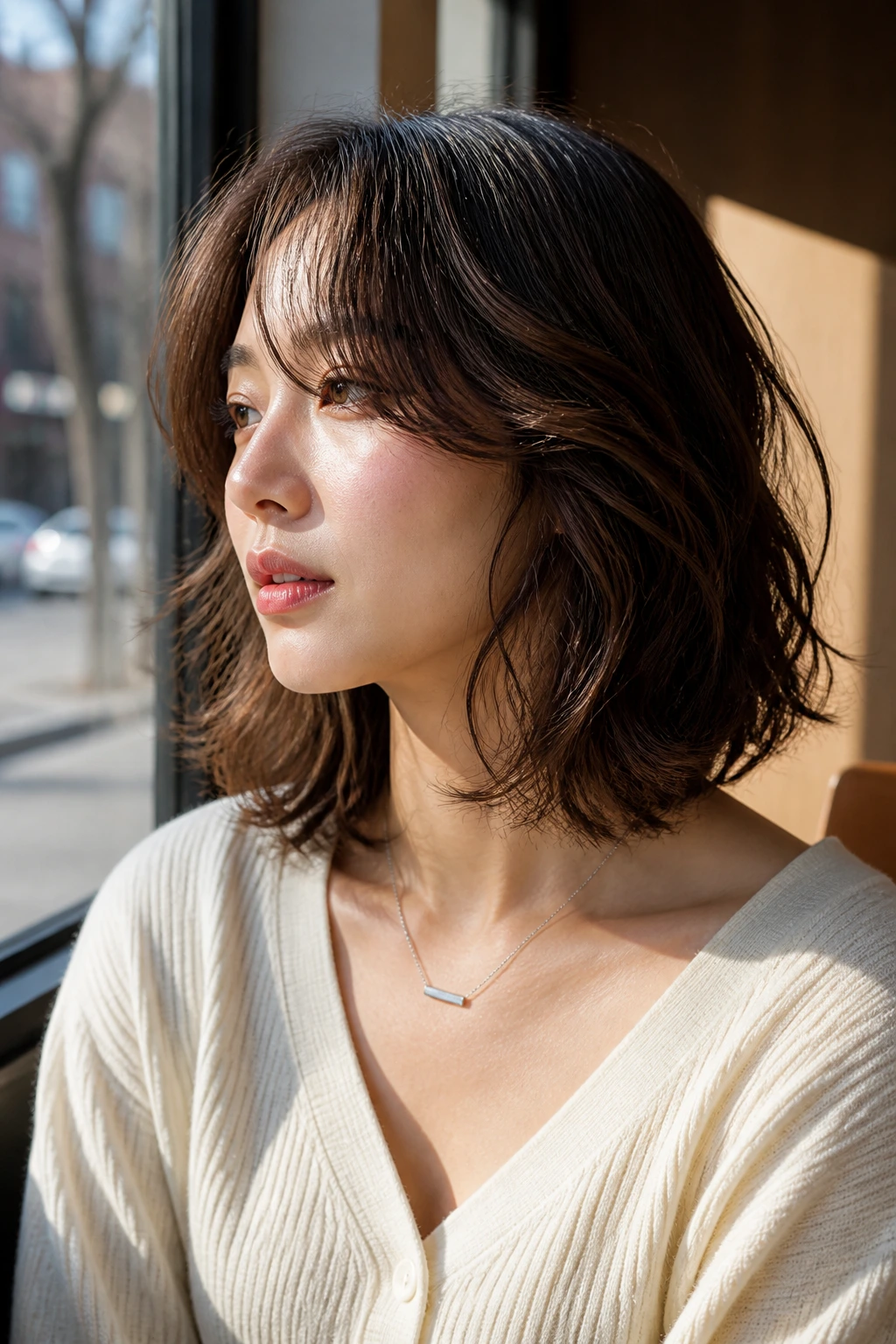 Portrait of a woman with a shoulder-skimming wavy lob and side-swept bangs by a cafe window.
