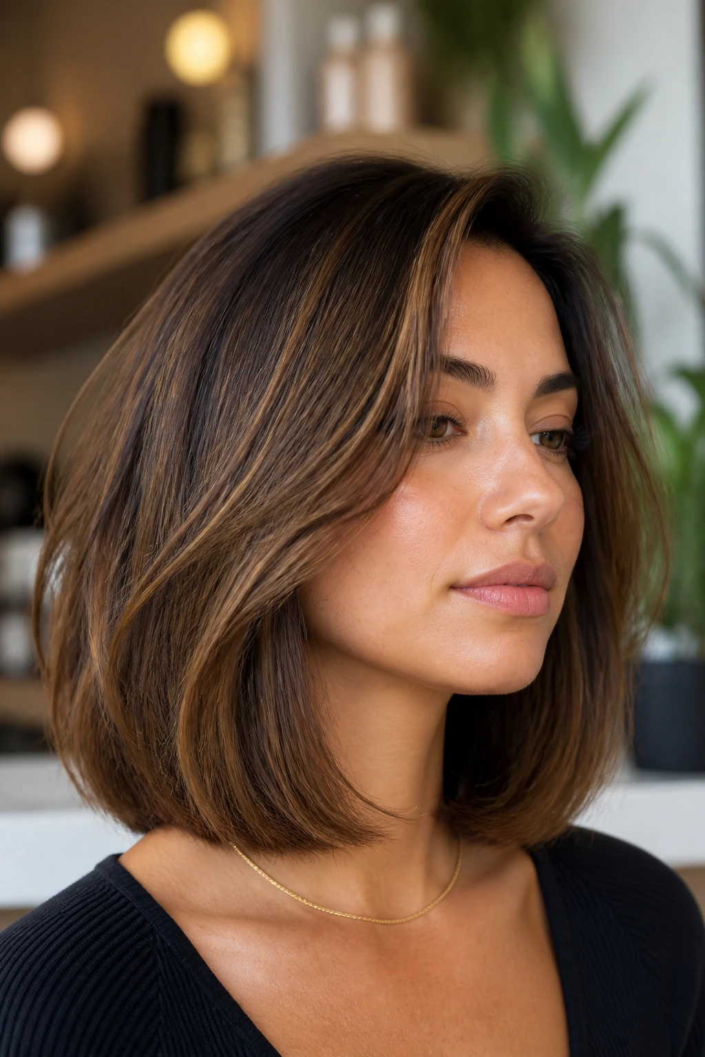 Close-up of a real woman with a shoulder-skimming lob and inner debulking.