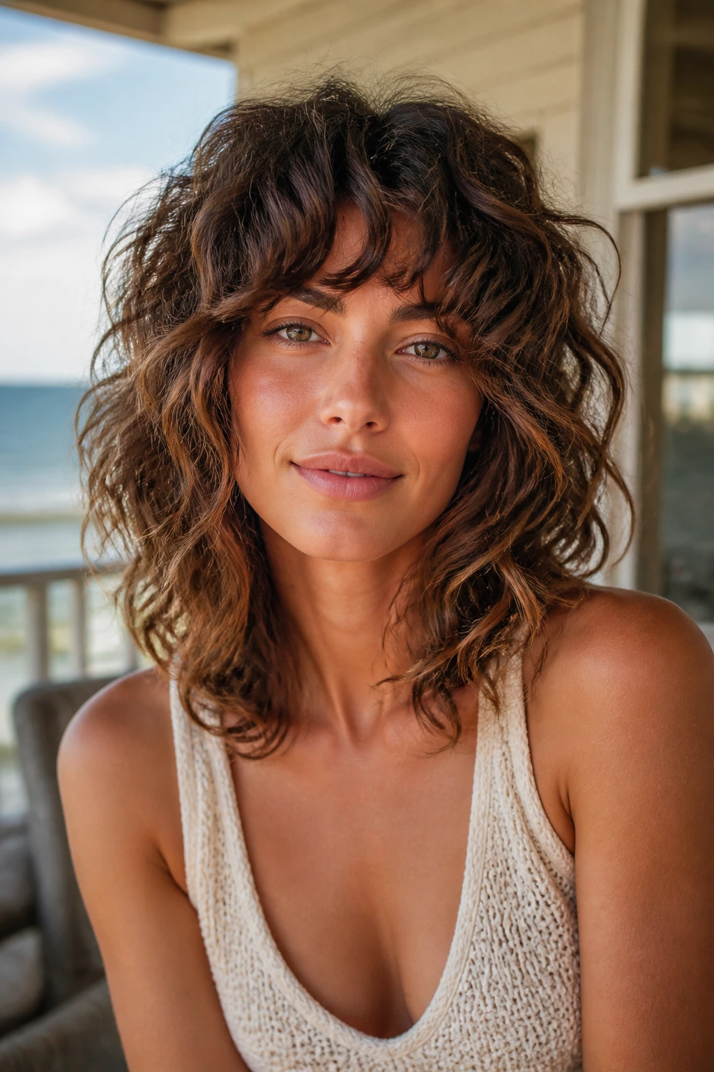 Close-up of a real woman with shoulder-skimming octopus lob haircut and cohesive textured waves