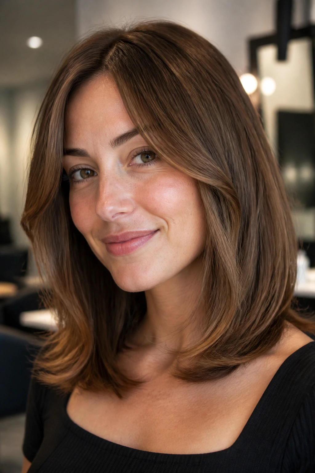 Close-up of a real woman showing a shoulder-skimming rounded cut that frames the jaw and temples.