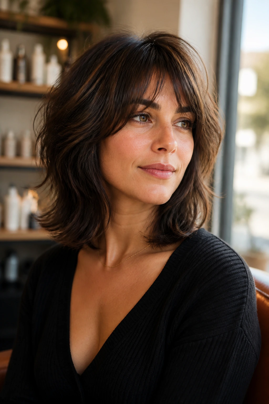 Close-up of real woman with shoulder-skimming shag in window-light salon