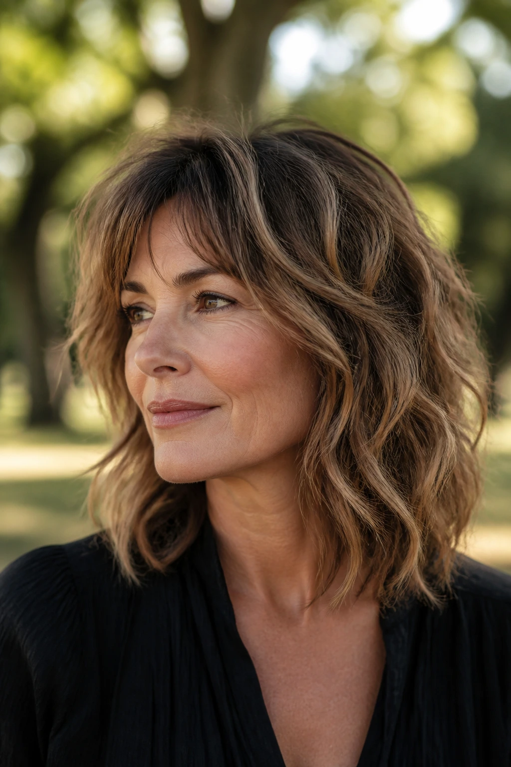 Close-up portrait of a real woman with shoulder-skimming shag in natural daylight at a park