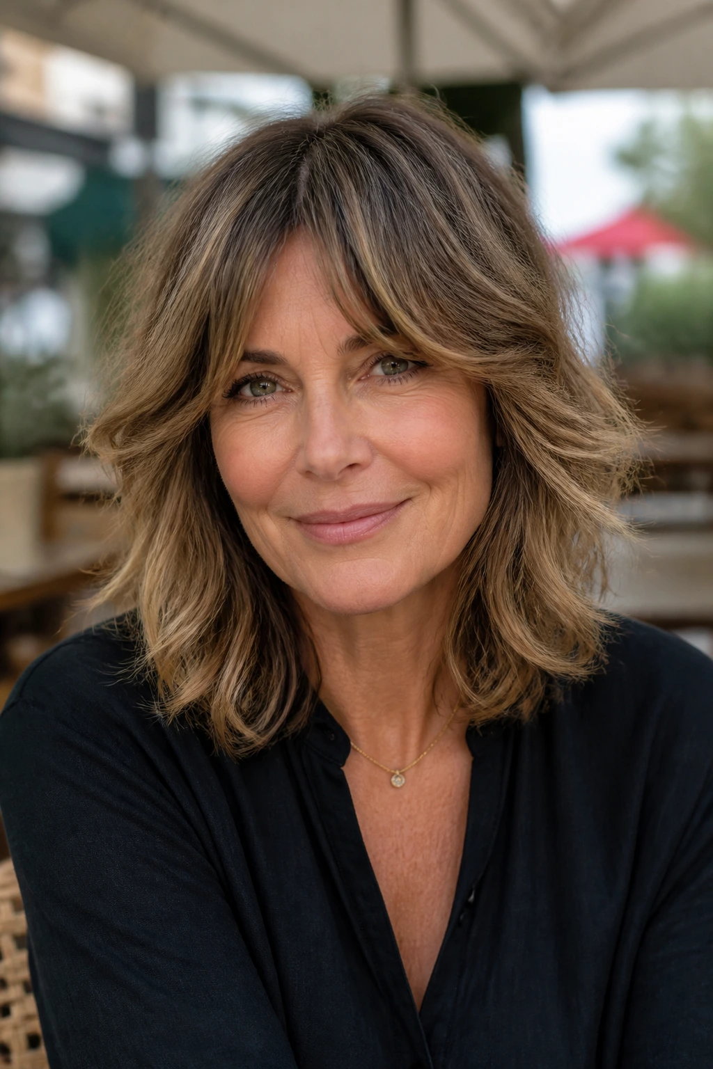 Close-up portrait of a woman with shoulder-skimming shag and piecey ends in daylight
