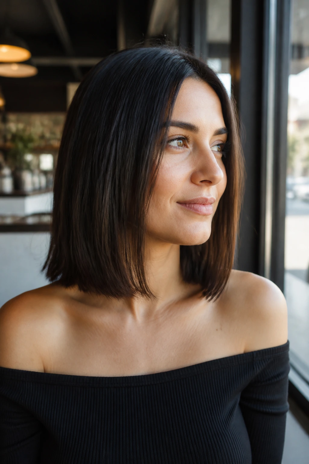 Portrait of a real woman with a shoulder-skimming sleek lob