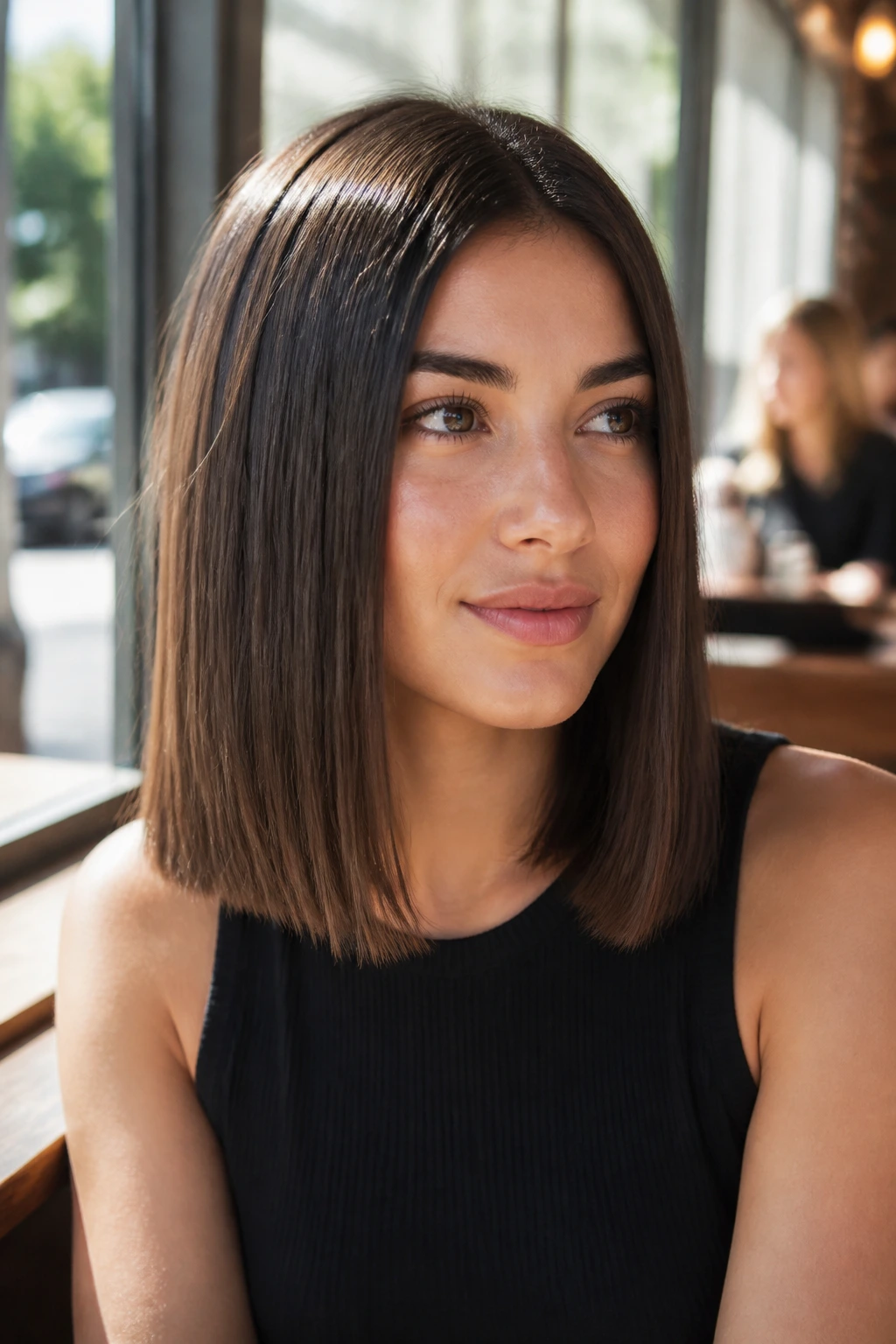 Close-up of a real woman with a shoulder-skimming straight lob