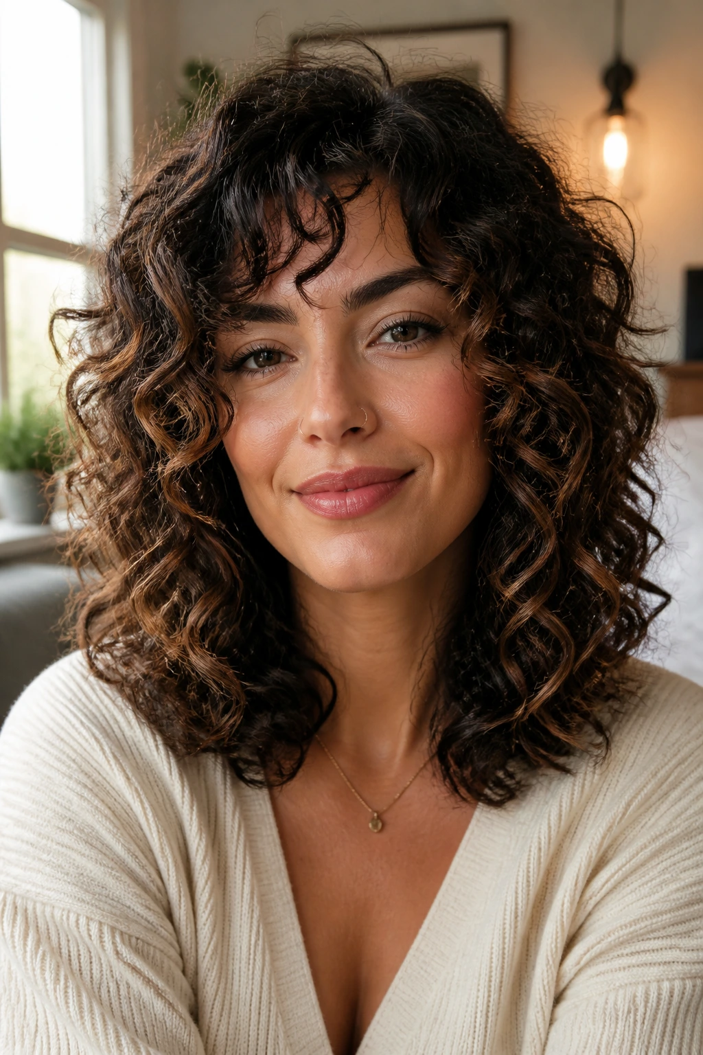 Close-up of a real woman with a shoulder-skimming U-shape curly cut in natural light