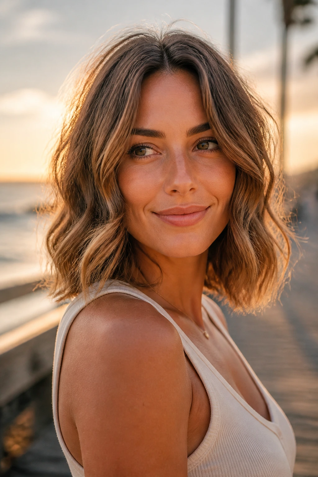 Portrait of a real woman with a shoulder-skimming wavy lob by the sea