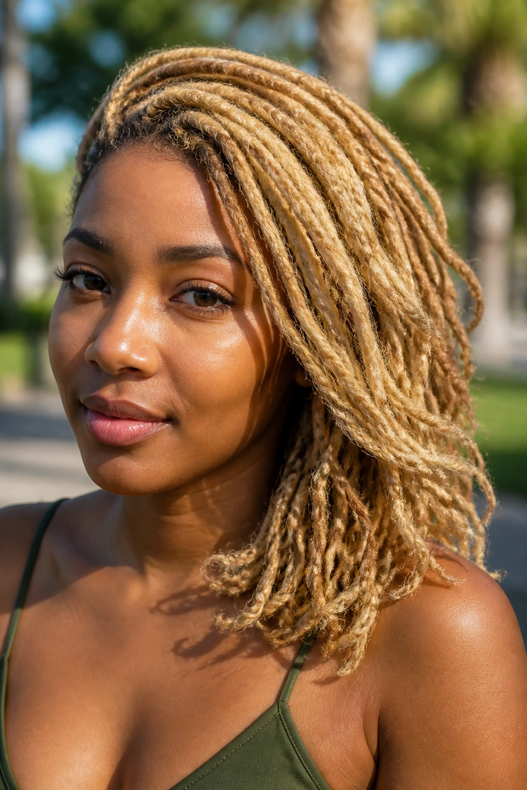 Real Black woman with shoulder-length blonde locs swept to one side outdoors
