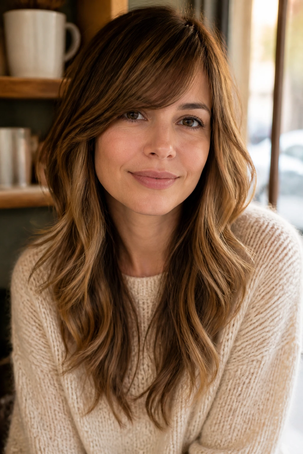 Close-up portrait: real woman with shoulder-to-chest swoop and lived-in waves