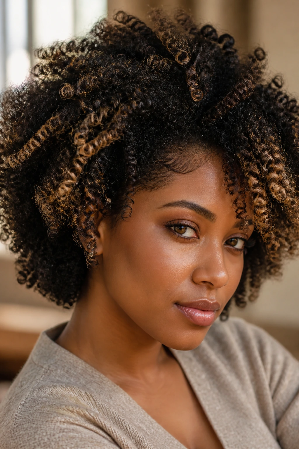 Close-up of a woman with natural coils and babylights around the face frame and crown