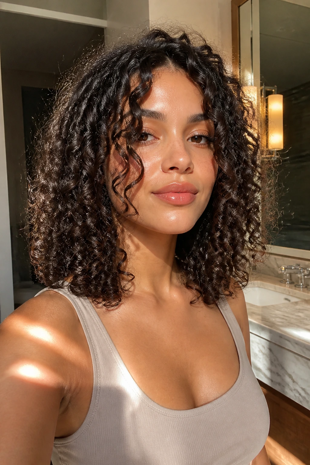 Close-up portrait of a real woman with stretched-length lob to reduce shrinkage.