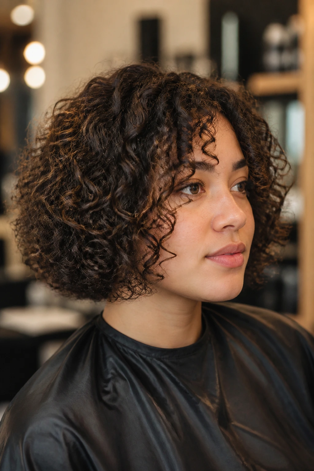 Real person in a salon chair with a curly bob showing shrinkage toward chin length