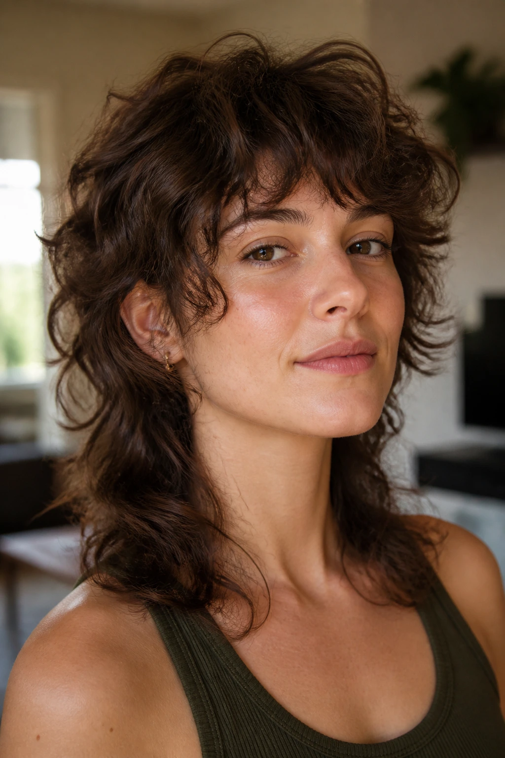 Shullet with Soft Texture hairstyle on real woman, soft fringe and longer back in natural window light