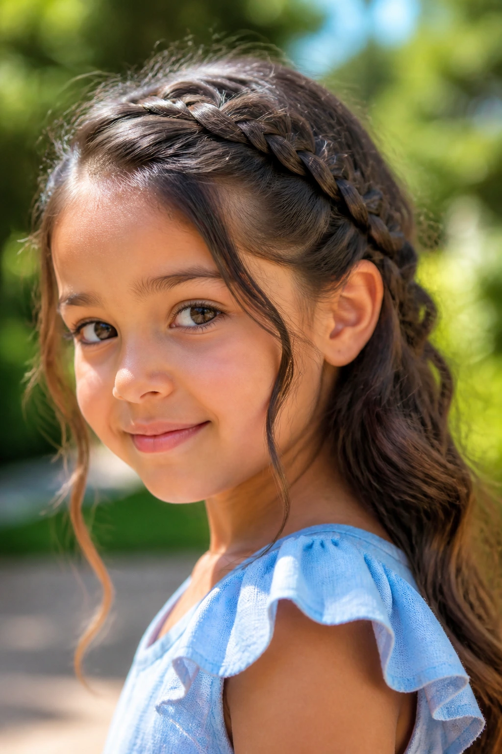Child with side-arc French weave and face-framing pieces
