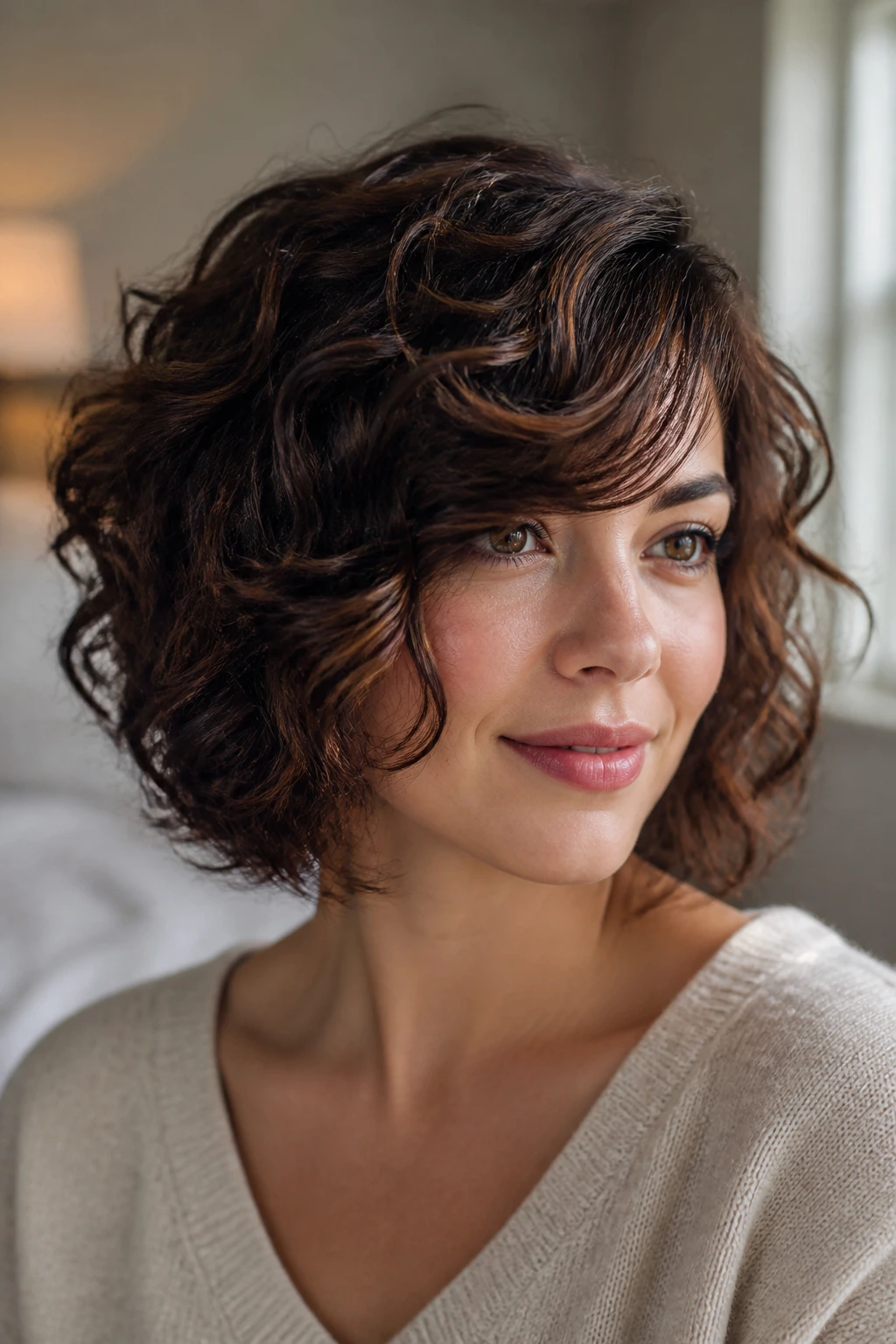 Close-up of a real woman with side-bang balance bob and cheekbone-grazing fringe.