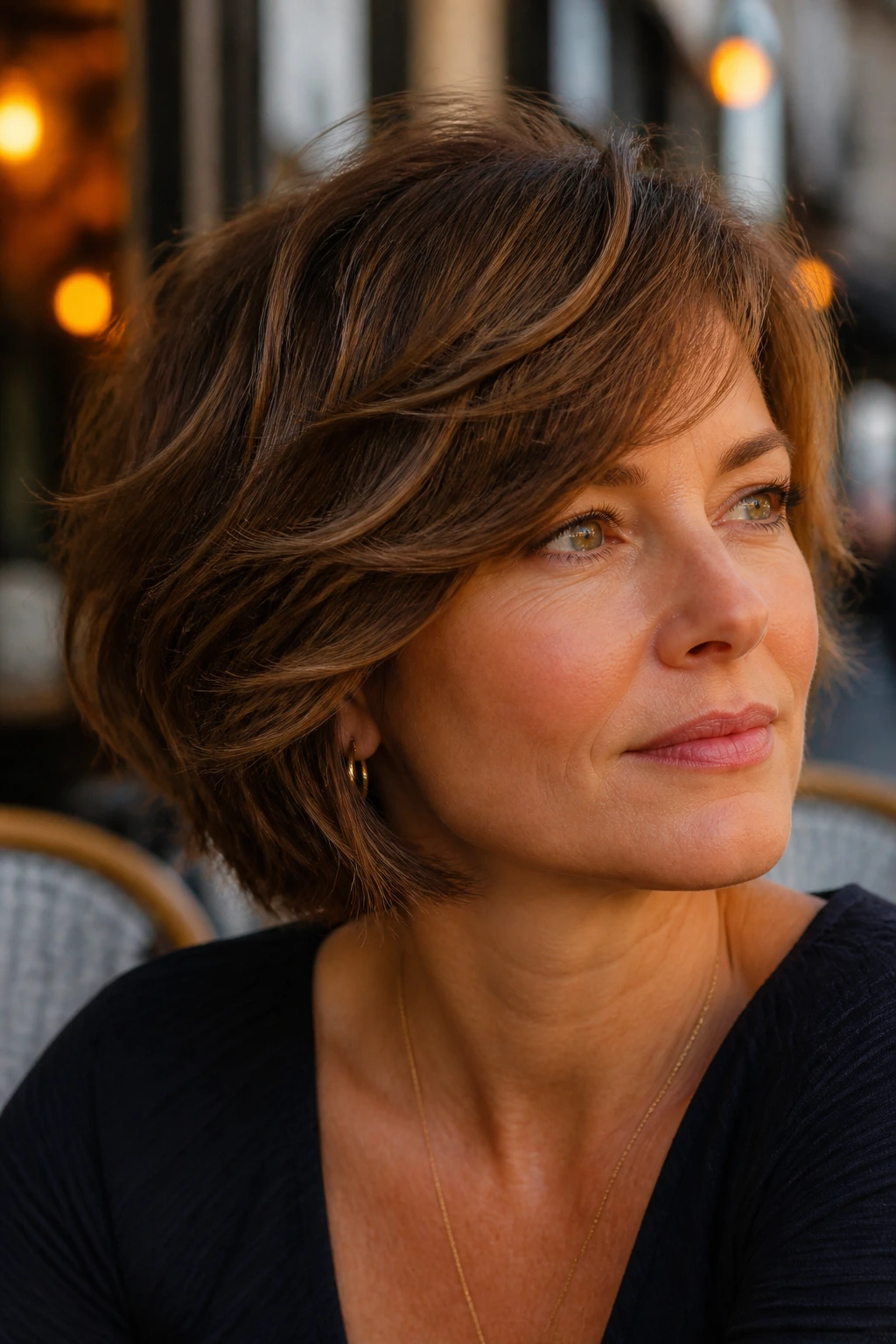 Close-up portrait of a real woman with side-bang bob and internal layers