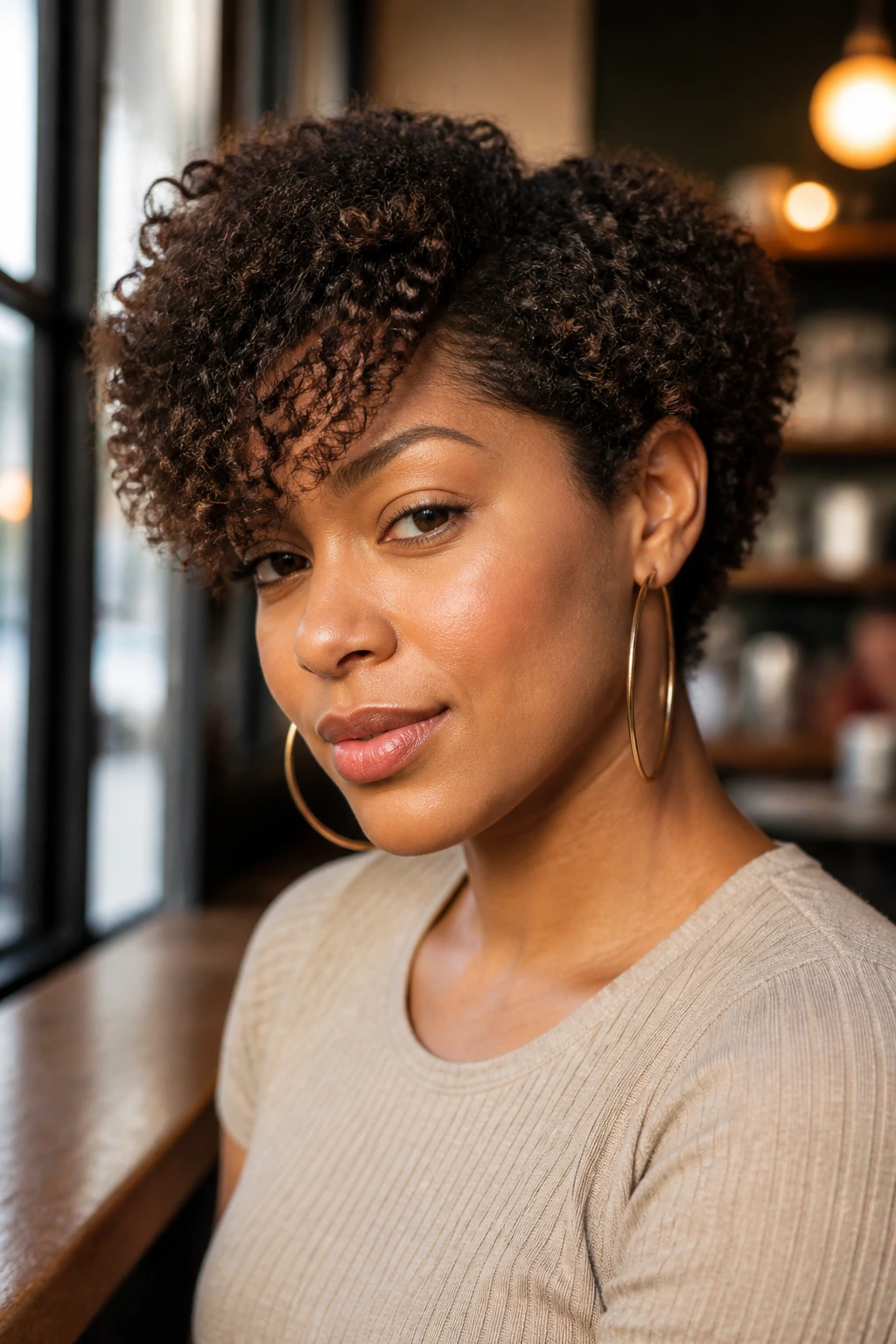 Three-quarter portrait of a person with side-bang coil cut.