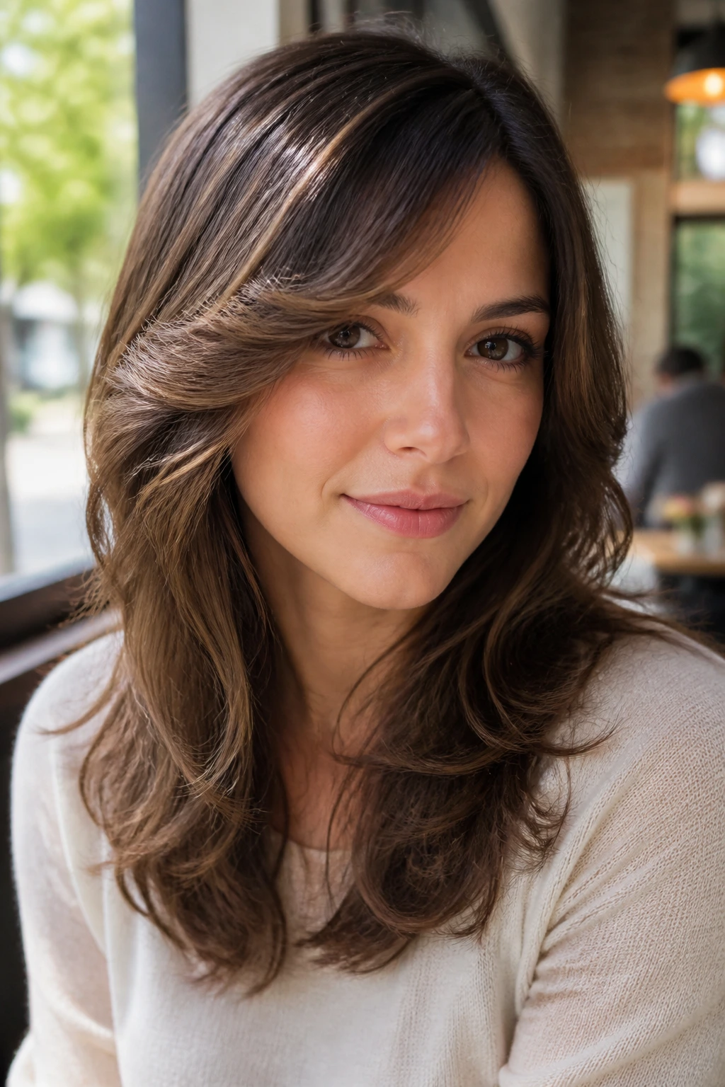 Portrait of a real woman with side-bang flip and rounded ends.