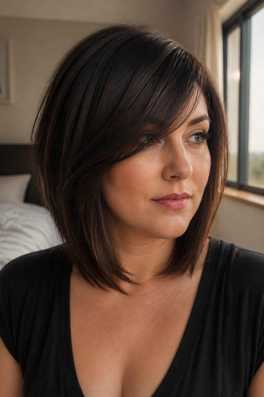 Close-up portrait of a woman with a side-swept bang lob, soft window light.