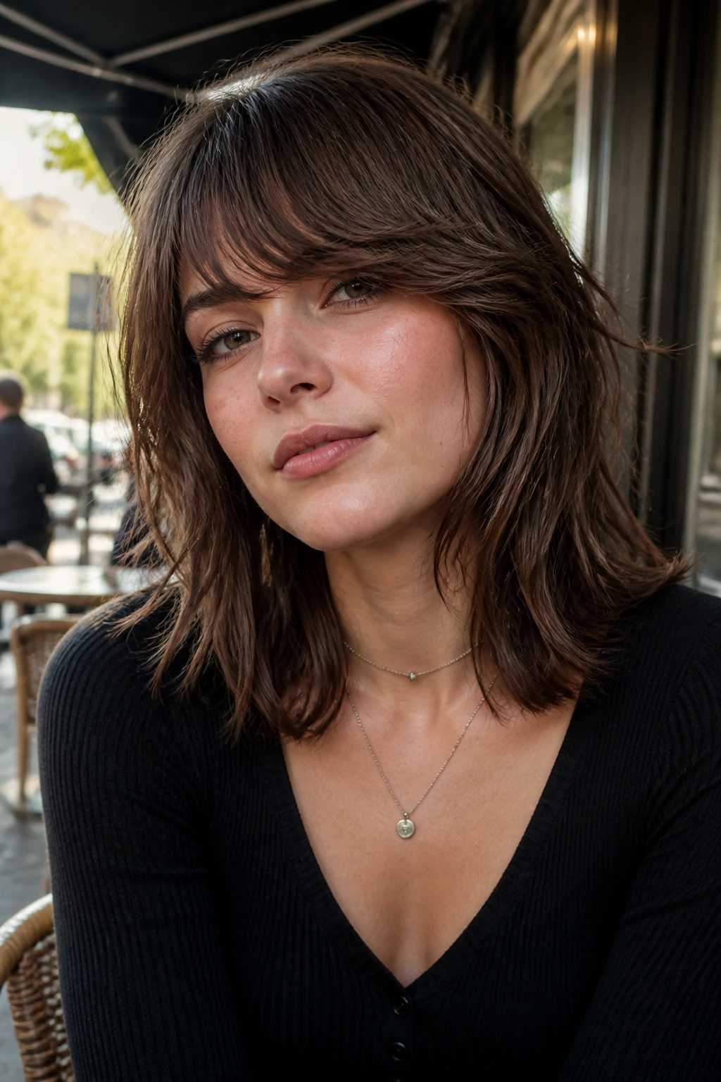 Portrait of a real woman with side-bang shag and low crown volume
