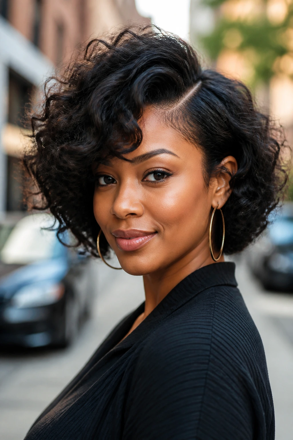Real woman with side-bang volume bob on urban street daylight