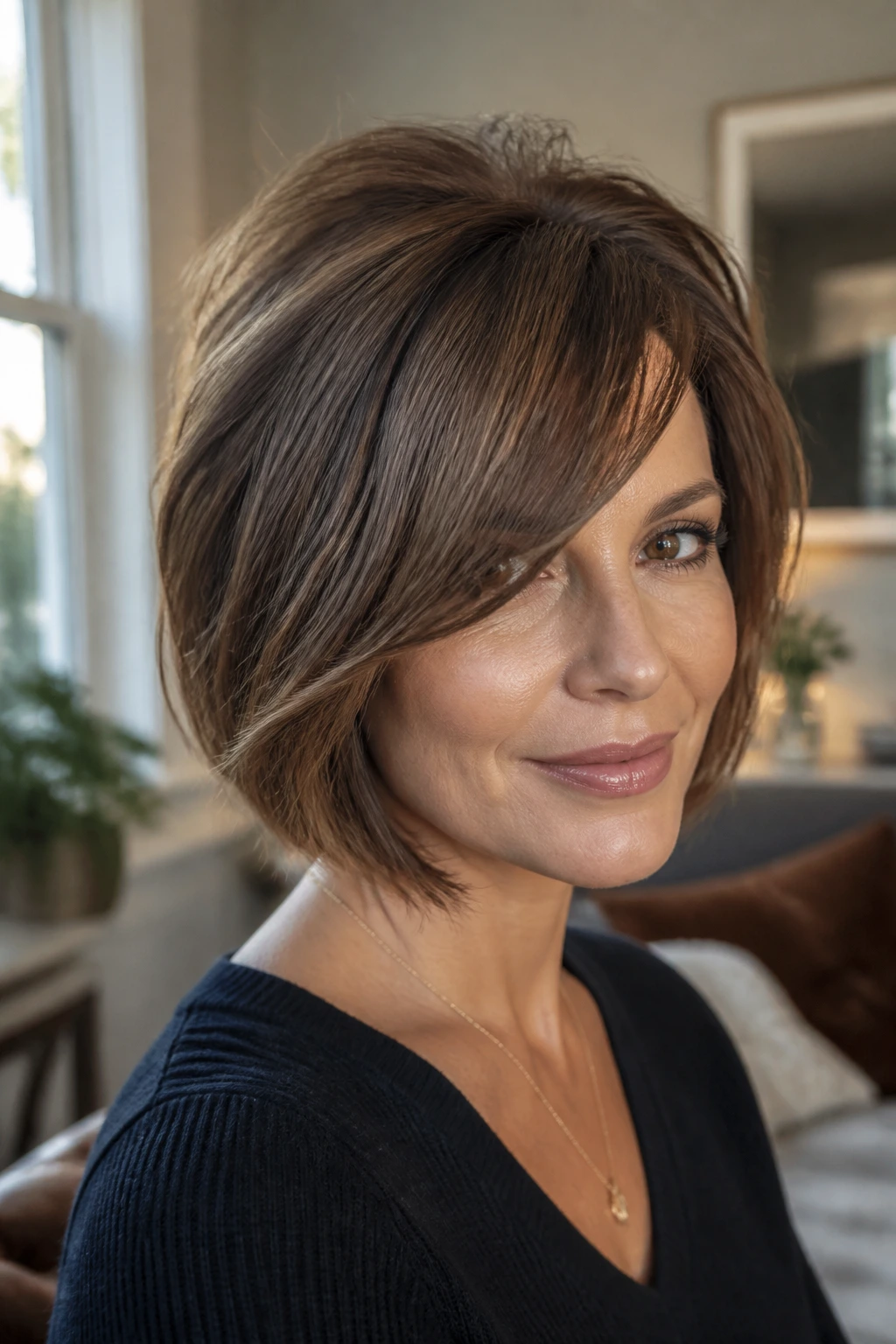 Real woman with side-banged bob and crown lift in natural light