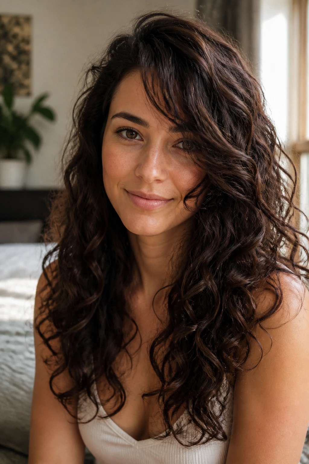 Close-up of a real woman with side-swept bangs past the cheekbone in curly hair