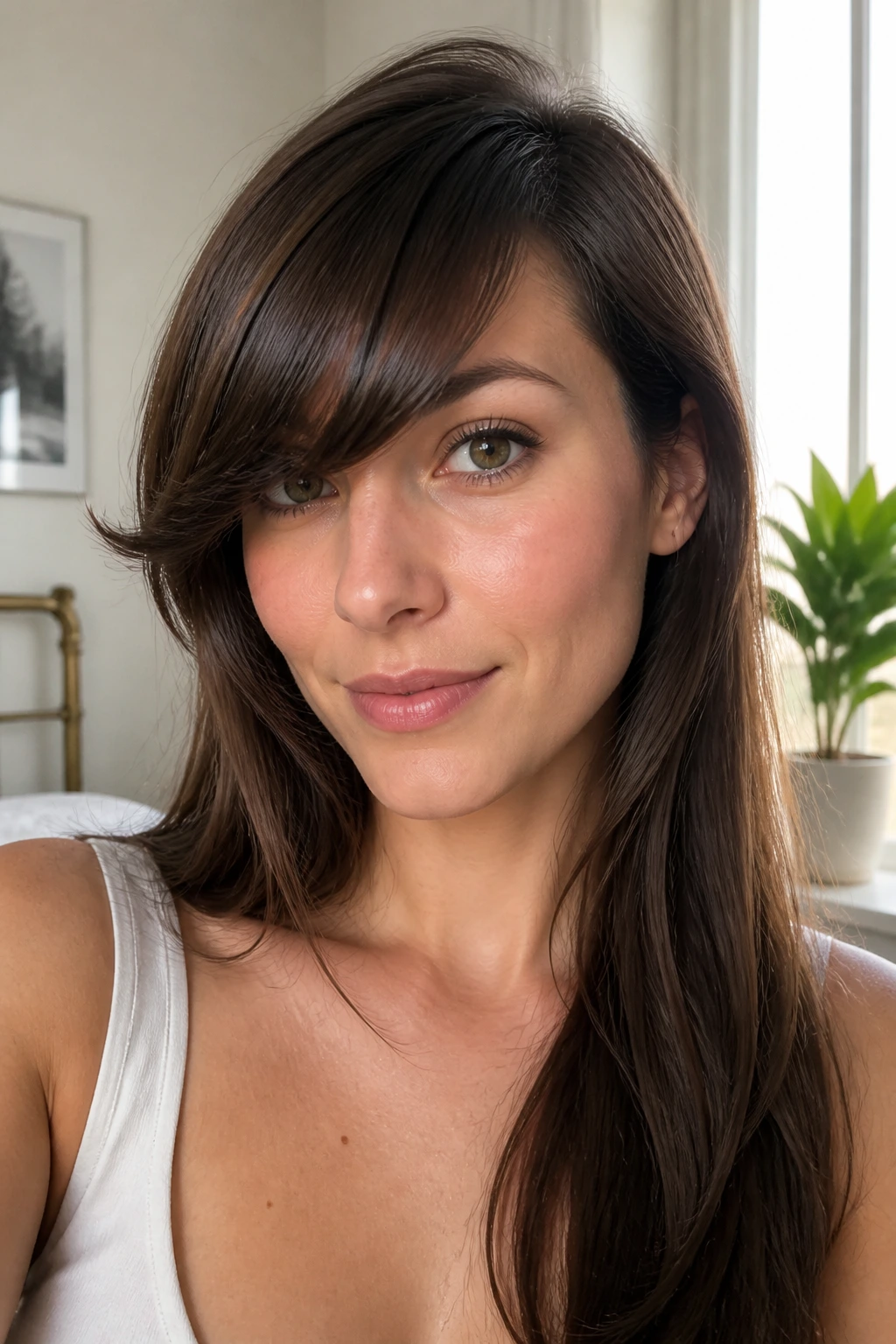 Close-up portrait of a woman with side bangs flipped at the temple under natural window light