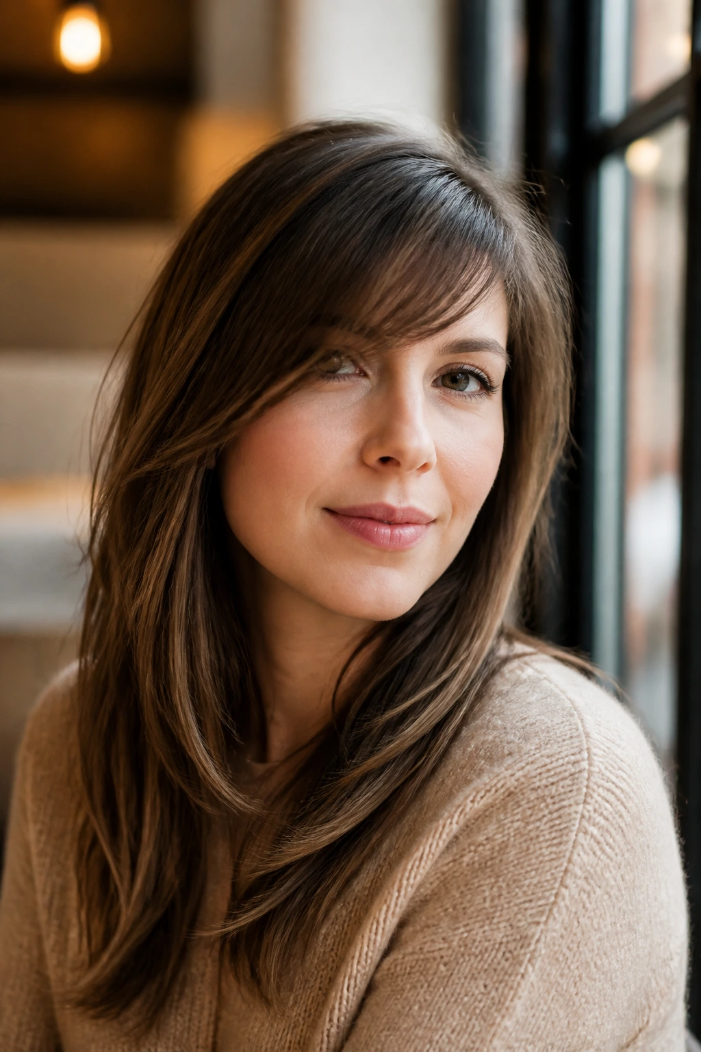 Close-up portrait of a real woman with long face and soft side bangs in a cafe