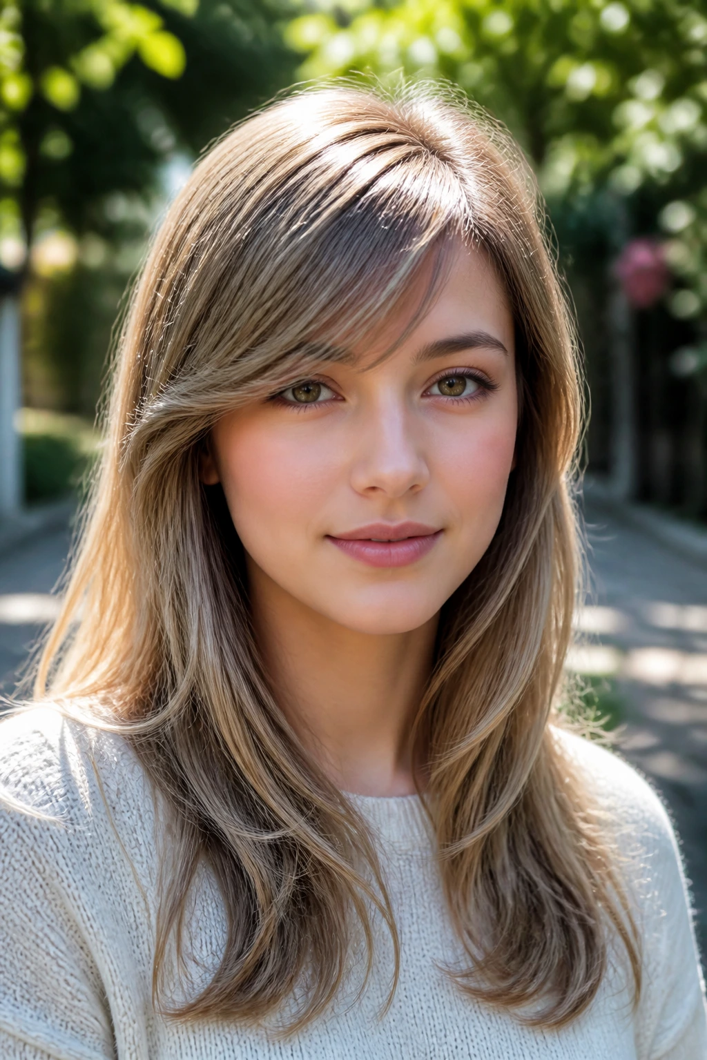 Close-up portrait of a real woman with oval face and restrained side sweep in a sunlit garden