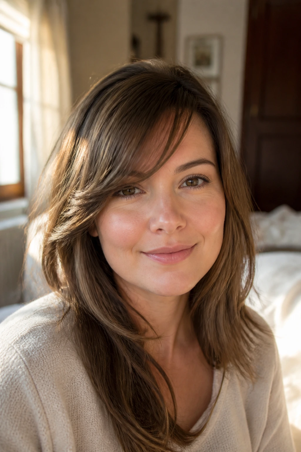 Close-up portrait of a real woman with round face and long side-swept bangs in warm window light