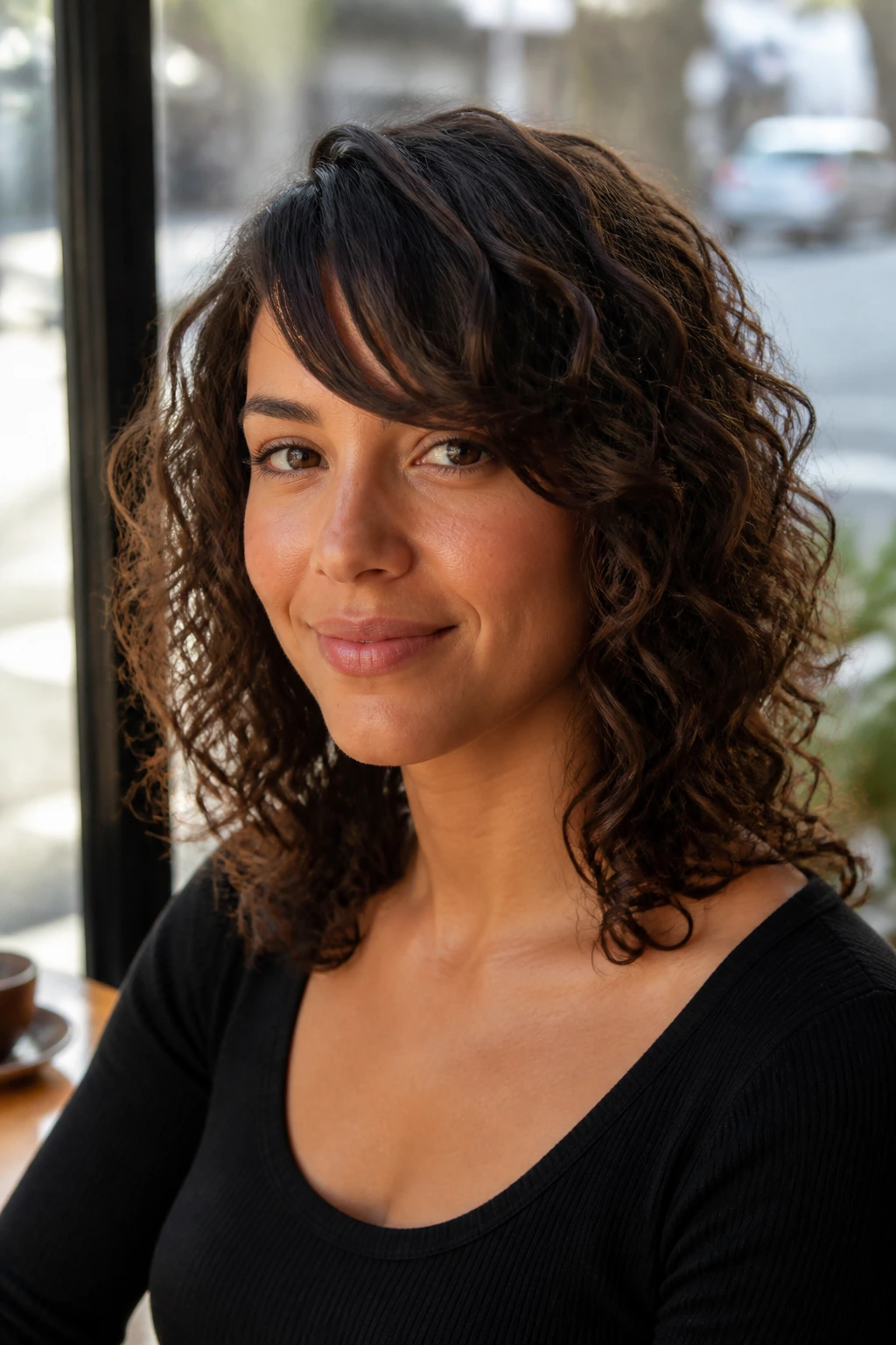 Portrait of a woman with shoulder-length curls and long side bangs sweeping across the forehead.