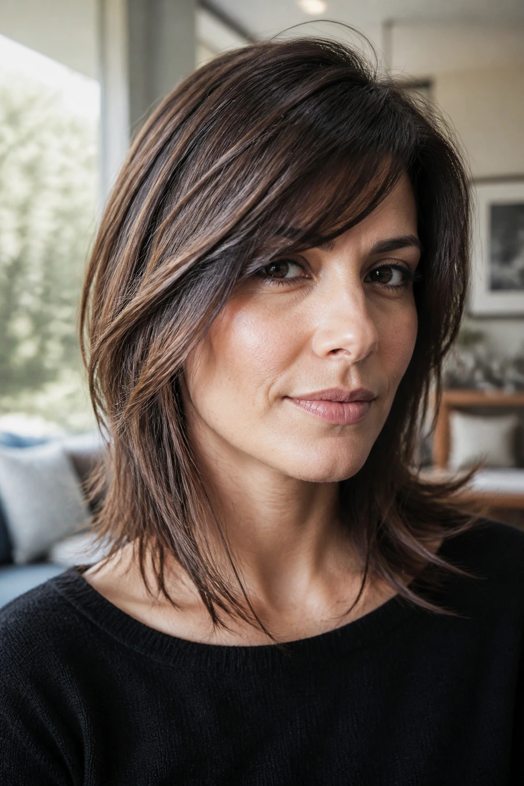 Close-up portrait of a real woman with square jaw and feathered diagonal bangs in a softly lit living room