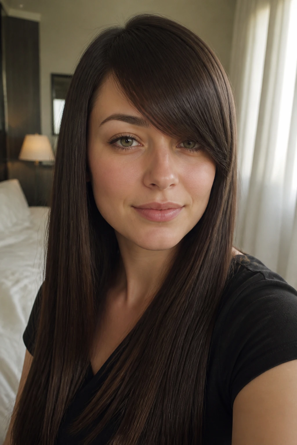 Close-up portrait of a woman with side-swept straight bangs and diagonal fringe