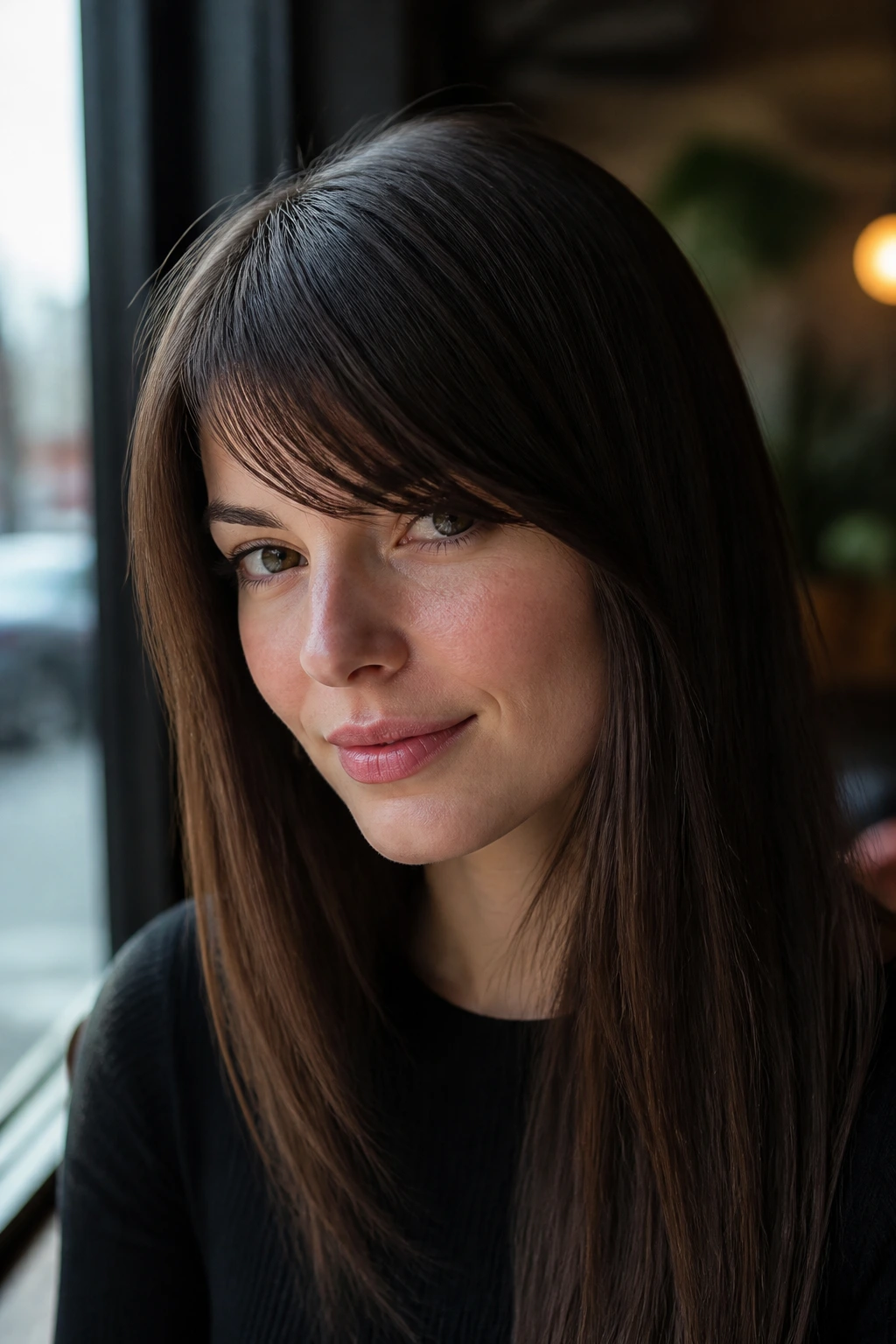 Close-up portrait of a real woman with side-blend bangs on straight hair in natural light