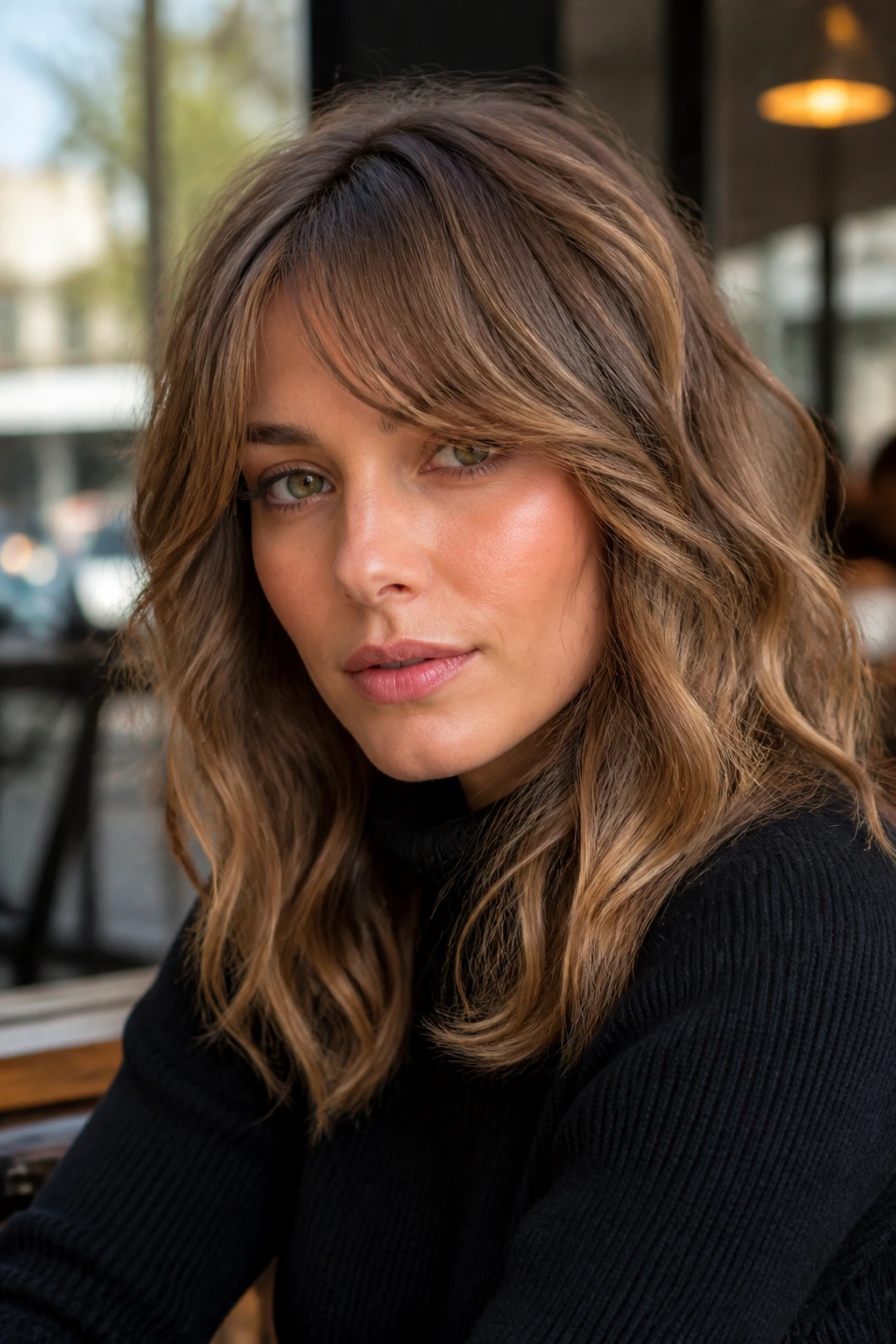 Close-up portrait of a real person with side-blend fringe on wavy hair